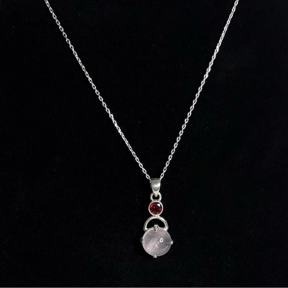 Rose Quartz & Garnet Natural Gemstone Sterling Silver Pendant on 18 Inch Chain